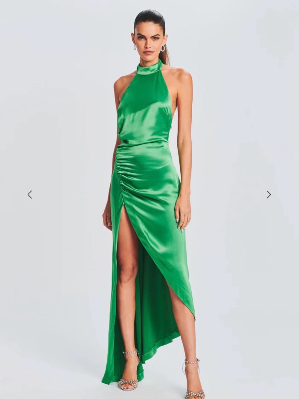 Retrofete Green Satin High-Low Halter Gown